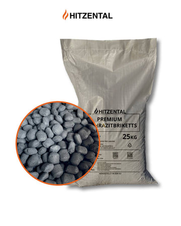 Premium Anthrazit Eierbriketts in versiegelten 25-kg-Säcken, ideal für effizientes Heizen.